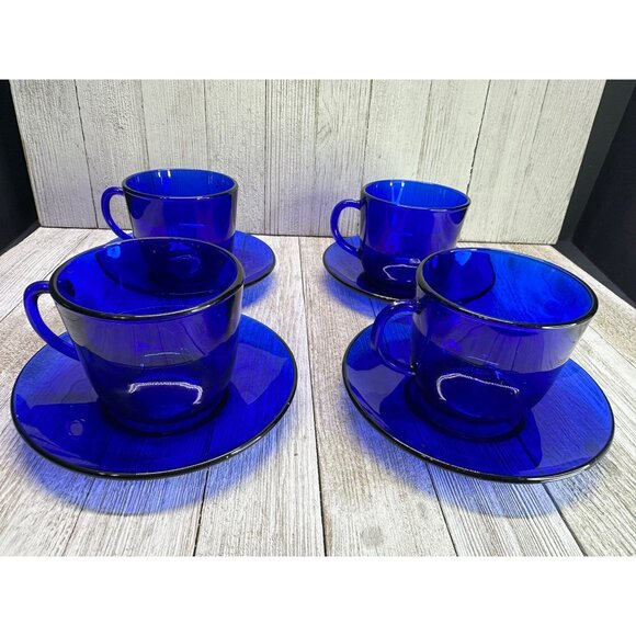 Vtg Cobalt Blue Cups 2.75" Tall and Saucers 5" DIA Depression Glass - Set of 4 - Picture 4 of 12